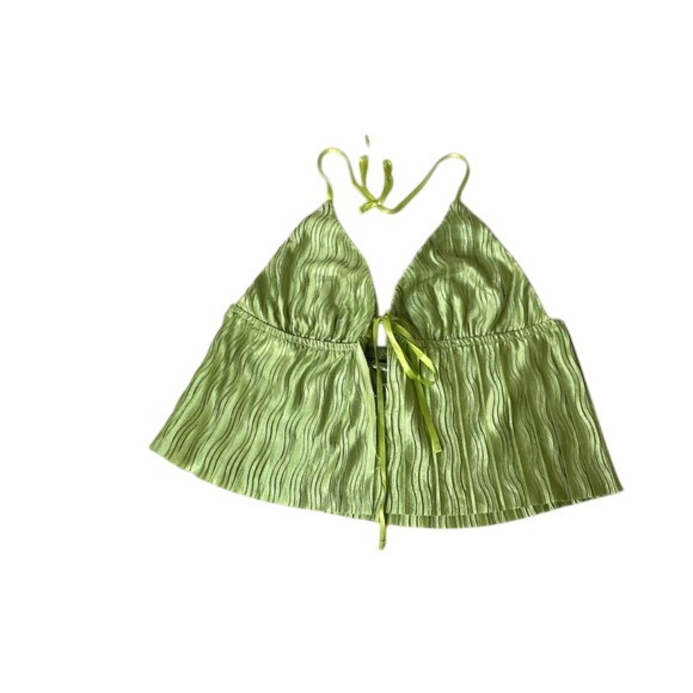 SHEIN Lime Green Halter Top Pleated‎ Tie Front Sleeveless Summer Crop Top